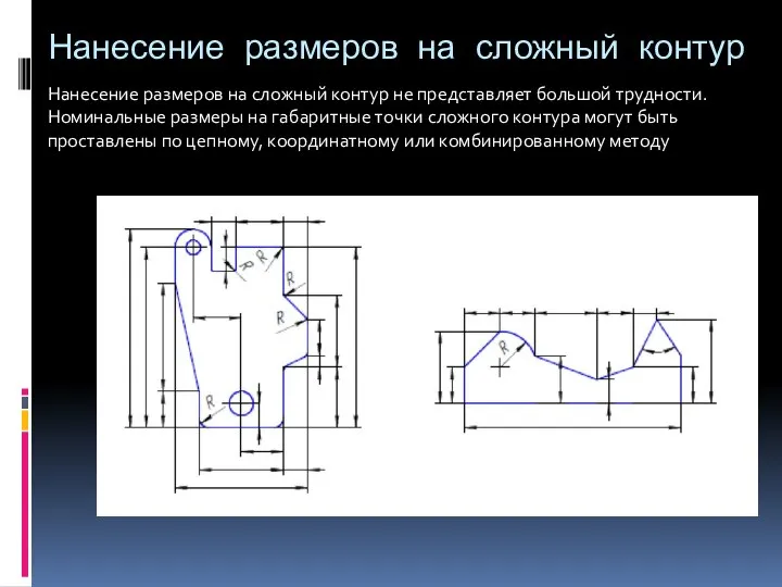 Нанесение размеров на сложный контур Нанесение размеров на сложный контур не представляет