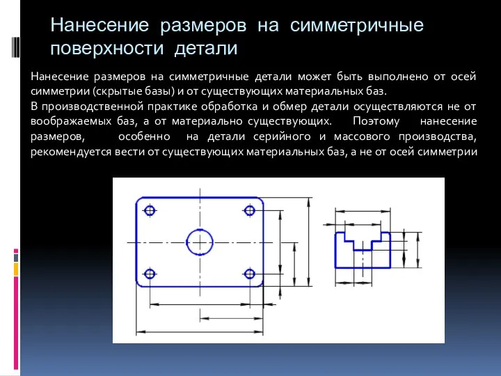 Нанесение размеров на симметричные поверхности детали Нанесение размеров на симметричные детали может