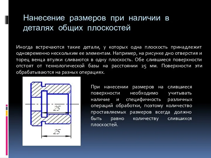 Нанесение размеров при наличии в деталях общих плоскостей Иногда встречаются такие детали,