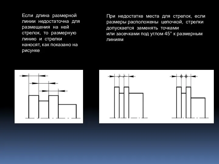 Если длина размерной линии недостаточна для размещения на ней стрелок, то размерную