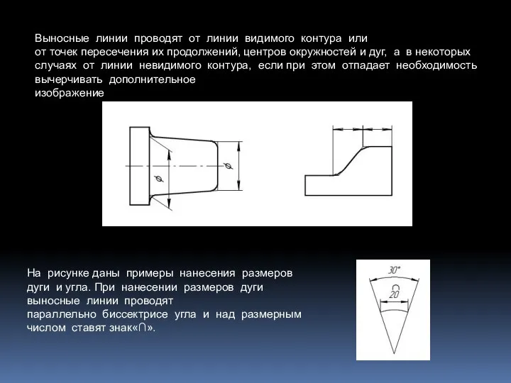 Выносные линии проводят от линии видимого контура или от точек пересечения их
