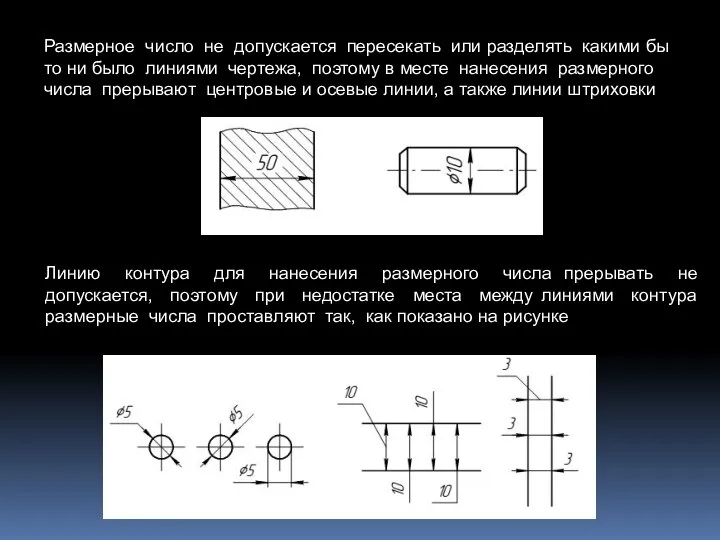 Размерное число не допускается пересекать или разделять какими бы то ни было