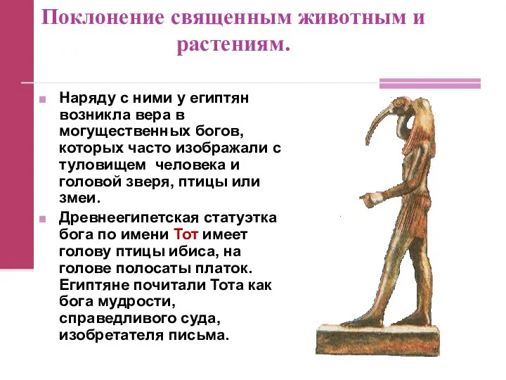 Поклонение священным животным и растениям. Наряду с ними у египтян возникла вера