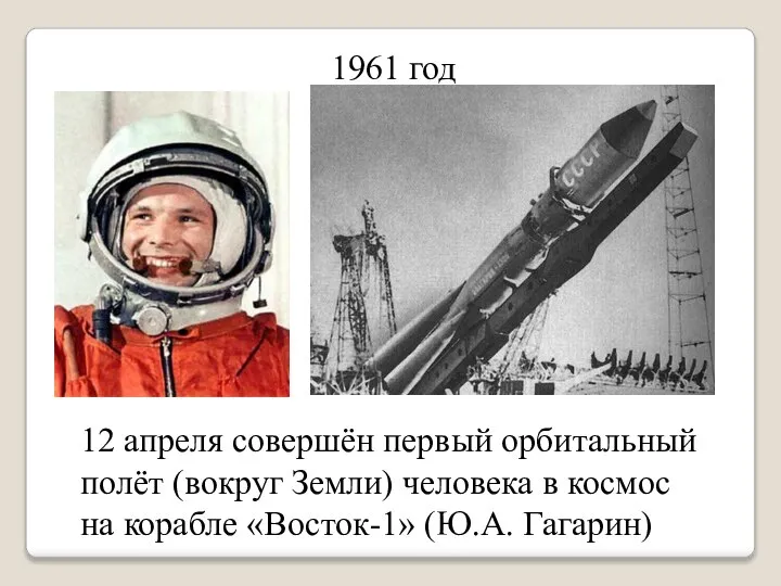 1961 год 12 апреля совершён первый орбитальный полёт (вокруг Земли) человека в