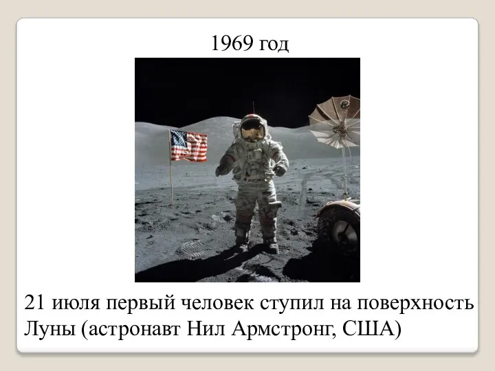 1969 год 21 июля первый человек ступил на поверхность Луны (астронавт Нил Армстронг, США)