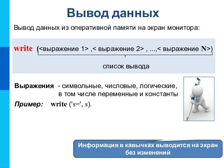 Вывод данных Вывод данных из оперативной памяти на экран монитора: write (