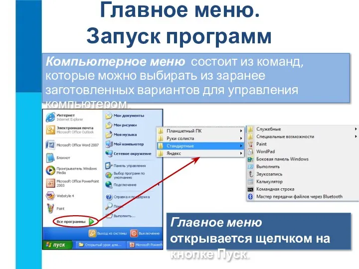 Главное меню. Запуск программ Компьютерное меню состоит из команд, которые можно выбирать