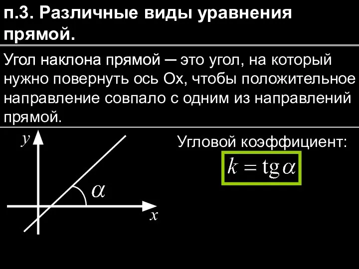 п.3. Различные виды уравнения прямой. Угол наклона прямой ─ Угол наклона прямой