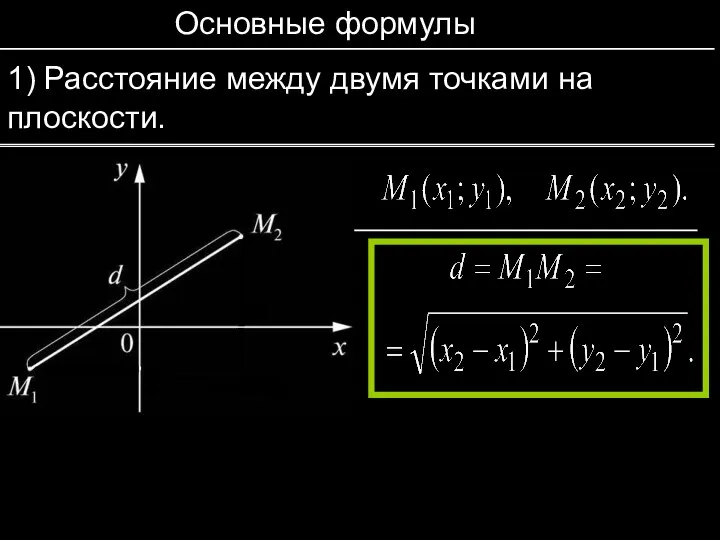 Основные формулы 1) Расстояние между двумя точками на плоскости.