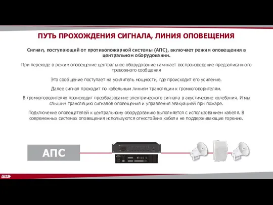 Сигнал, поступающий от противопожарной системы (АПС), включает режим оповещения в центральном оборудовании.