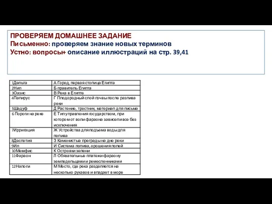 ПРОВЕРЯЕМ ДОМАШНЕЕ ЗАДАНИЕ Письменно: проверяем знание новых терминов Устно: вопросы+ описание иллюстраций на стр. 39,41