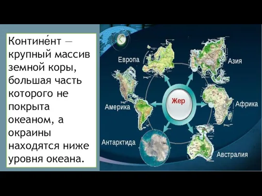 Контине́нт — крупный массив земной коры, большая часть которого не покрыта океаном,