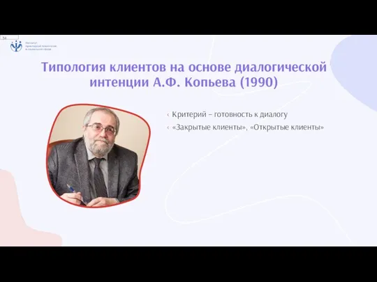 Типология клиентов на основе диалогической интенции А.Ф. Копьева (1990) Критерий – готовность