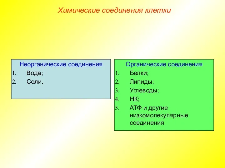 Неорганические соединения Вода; Соли. Органические соединения Белки; Липиды; Углеводы; НК; АТФ и