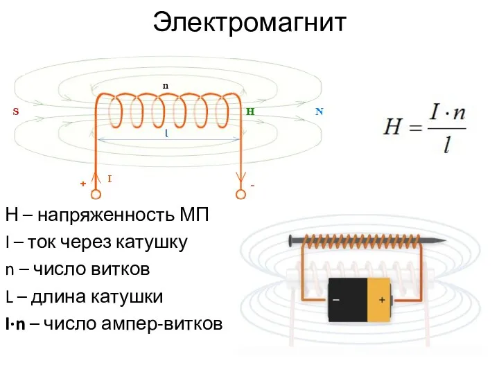 Электромагнит Н – напряженность МП I – ток через катушку n –