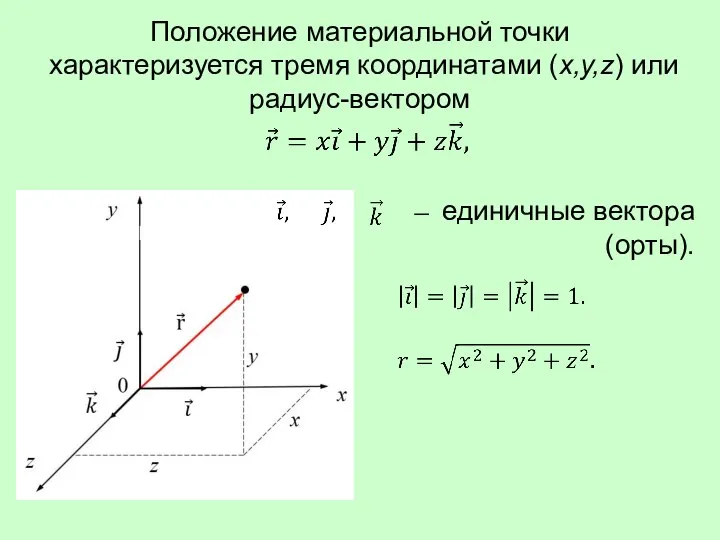 Положение материальной точки характеризуется тремя координатами (x,y,z) или радиус-вектором единичные вектора (орты).
