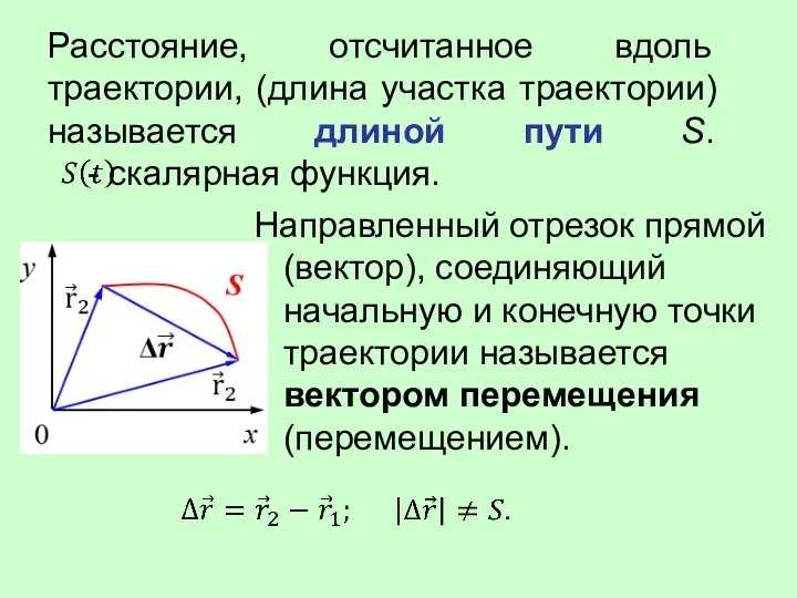 Расстояние, отсчитанное вдоль траектории, (длина участка траектории) называется длиной пути S. -