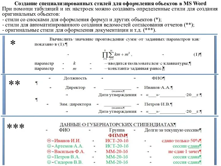 Создание специализированных стилей для оформления объектов в MS Word При помощи табуляций