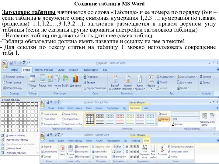 Создание таблиц в MS Word Заголовок таблицы начинается со слова «Таблица» и