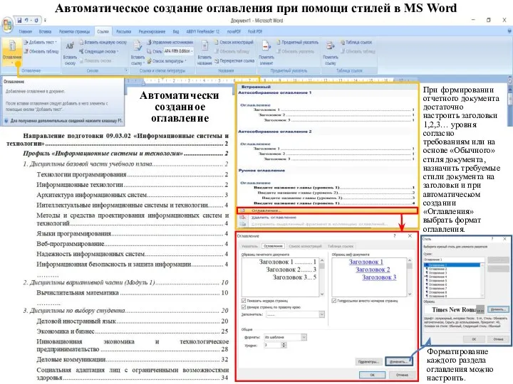 Автоматическое создание оглавления при помощи стилей в MS Word При формировании отчетного