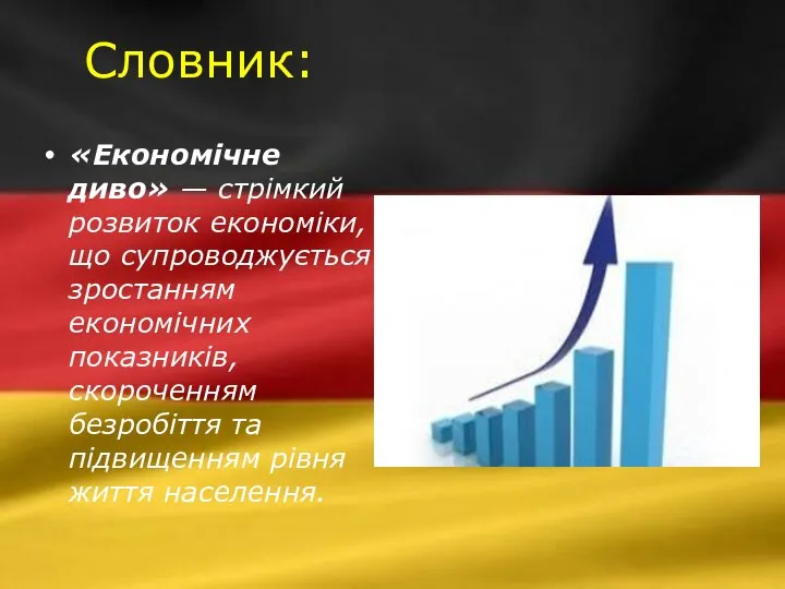 Словник: «Економічне диво» — стрімкий розвиток економіки, що супроводжується зростанням економічних показників,