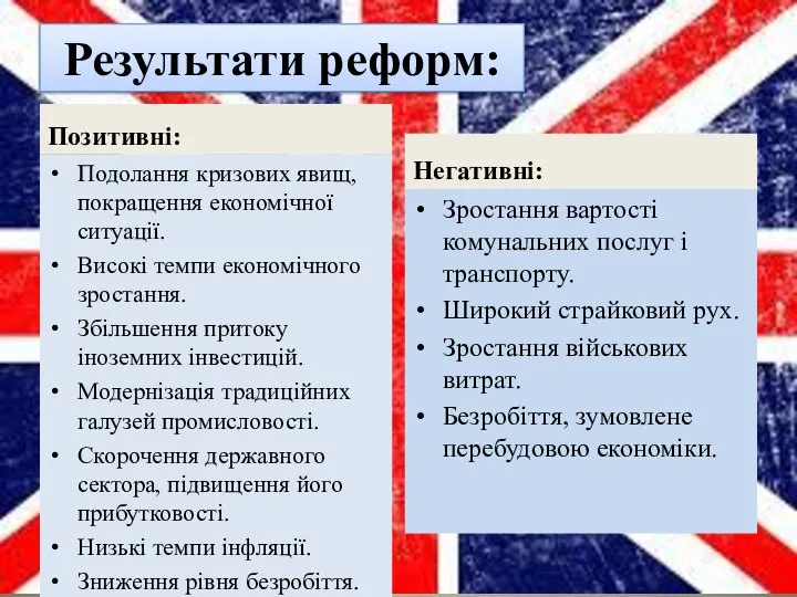 Результати реформ: Позитивні: Подолання кризових явищ, покращення економічної ситуації. Високі темпи економічного