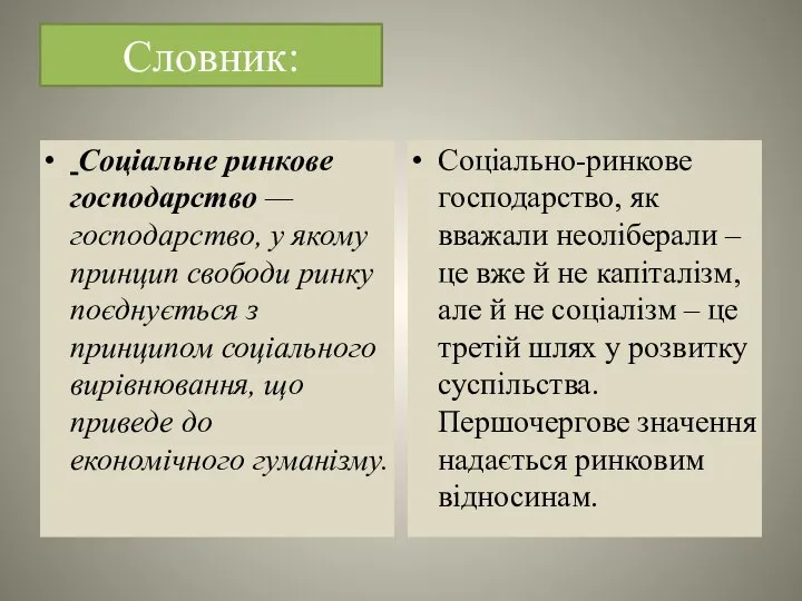 Словник: Соціальне ринкове господарство — господарство, у якому принцип свободи ринку поєднується