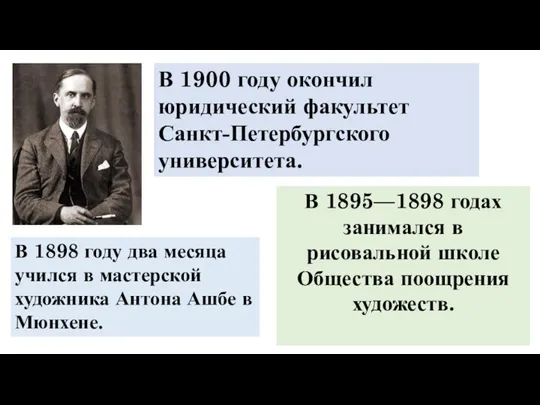 В 1900 году окончил юридический факультет Санкт-Петербургского университета. В 1895—1898 годах занимался
