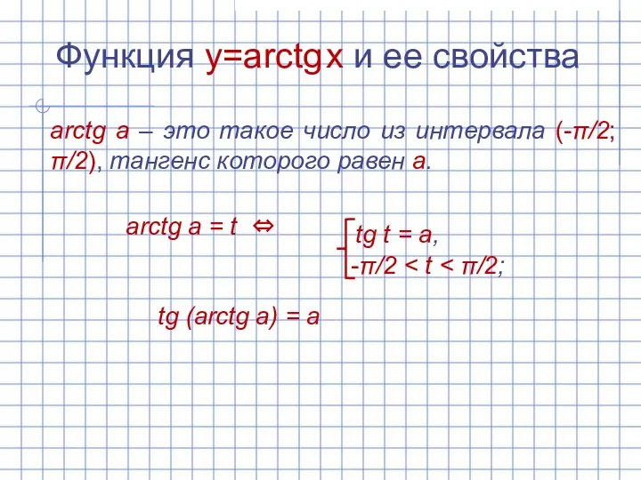 Функция y=arctg x и ее свойства arctg а – это такое число