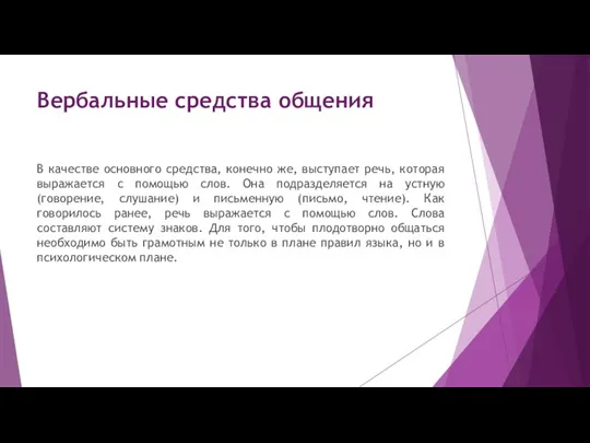 Вербальные средства общения В качестве основного средства, конечно же, выступает речь, которая