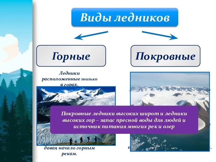 Горные Покровные Виды ледников Ледники расположенные только в горах. представляют собой ледяные