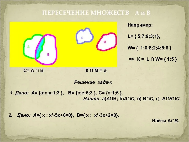 ПЕРЕСЕЧЕНИЕ МНОЖЕСТВ А и В С= А ∩ В К ∩ М