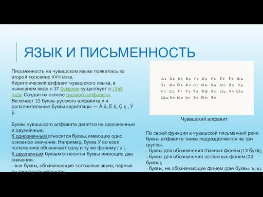 ЯЗЫК И ПИСЬМЕННОСТЬ Чувашский алфавит Письменность на чувашском языке появилась во второй