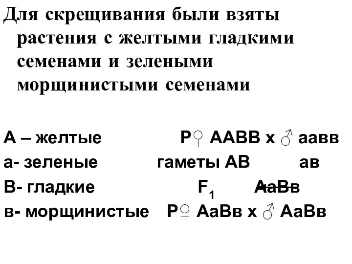 Для скрещивания были взяты растения с желтыми гладкими семенами и зелеными морщинистыми