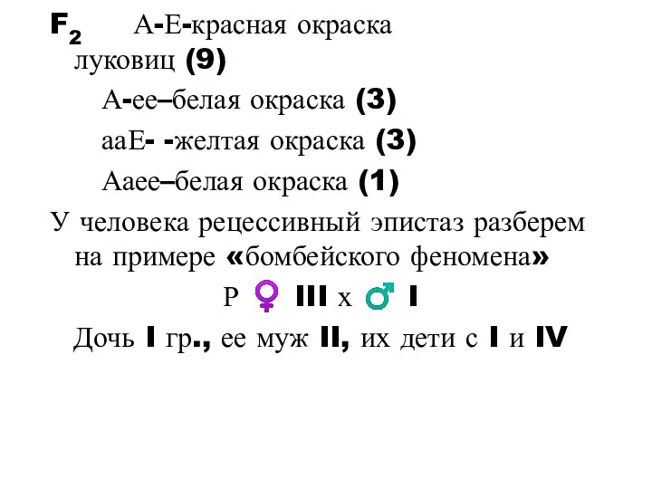 F2 А-Е-красная окраска луковиц (9) А-ее–белая окраска (3) ааЕ- -желтая окраска (3)