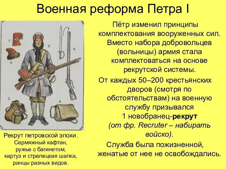 Военная реформа Петра I Пётр изменил принципы комплектования вооруженных сил. Вместо набора