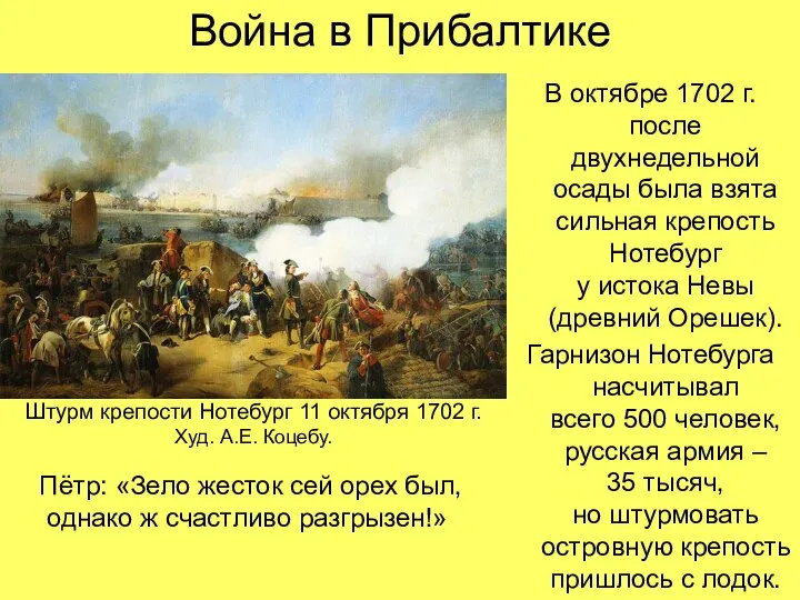 Война в Прибалтике В октябре 1702 г. после двухнедельной осады была взята