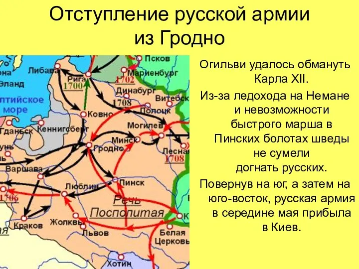Отступление русской армии из Гродно Огильви удалось обмануть Карла XII. Из-за ледохода
