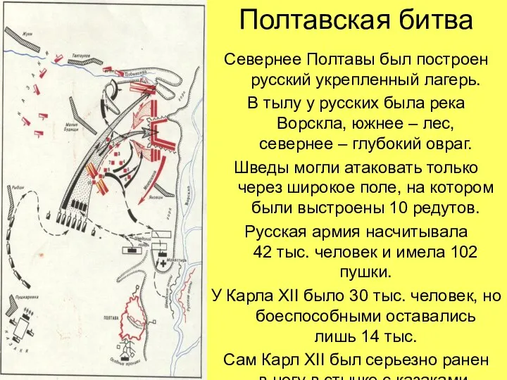 Полтавская битва Севернее Полтавы был построен русский укрепленный лагерь. В тылу у
