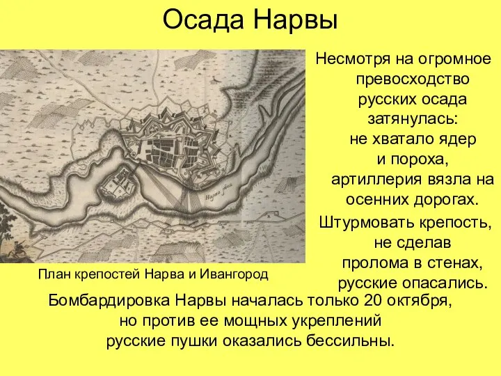 Осада Нарвы Несмотря на огромное превосходство русских осада затянулась: не хватало ядер