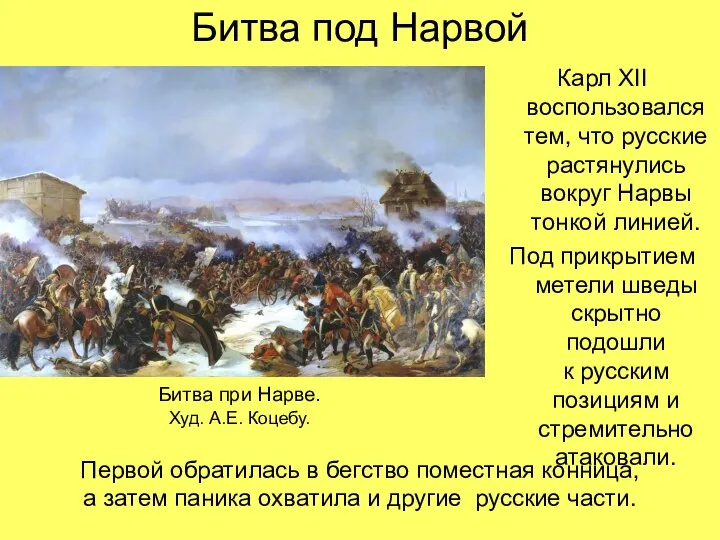Битва под Нарвой Карл XII воспользовался тем, что русские растянулись вокруг Нарвы