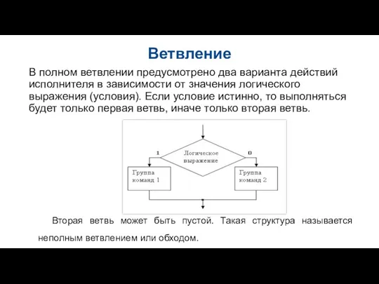 Ветвление В полном ветвлении предусмотрено два варианта действий исполнителя в зависимости от