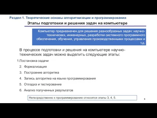 Раздел 1. Теоретические основы алгоритмизации и программирования Этапы подготовки и решения задач