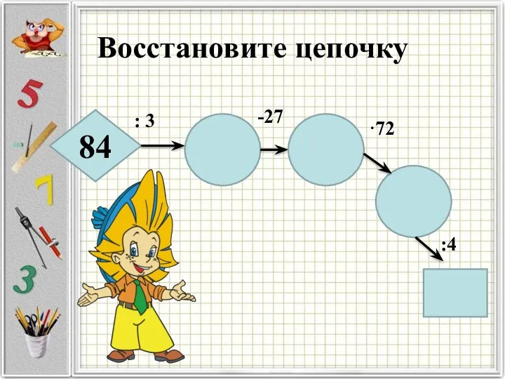 Восстановите цепочку 84 : 3 -27 ·72 :4