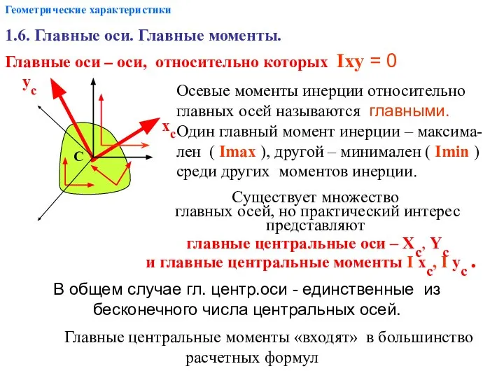 Геометрические характеристики 1.6. Главные оси. Главные моменты. Главные оси – оси, относительно