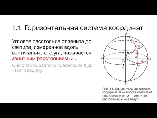 1.1. Горизонтальная система координат Угловое расстояние от зенита до светила, измеренное вдоль