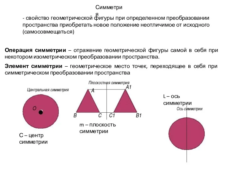 Симметрия - свойство геометрической фигуры при определенном преобразовании пространства приобретать новое положение