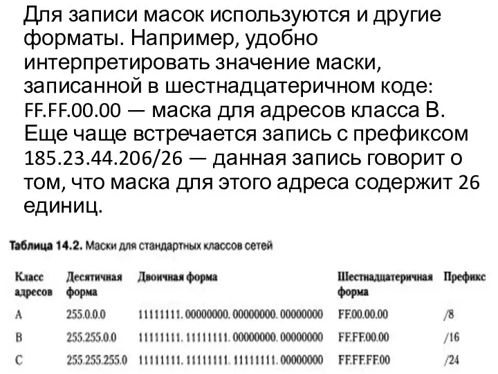 Для записи масок используются и другие форматы. Например, удобно интерпретировать значение маски,