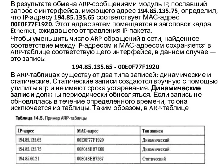 В результате обмена ARP-сообщениями модуль IP, пославший запрос с интерфейса, имеющего адрес