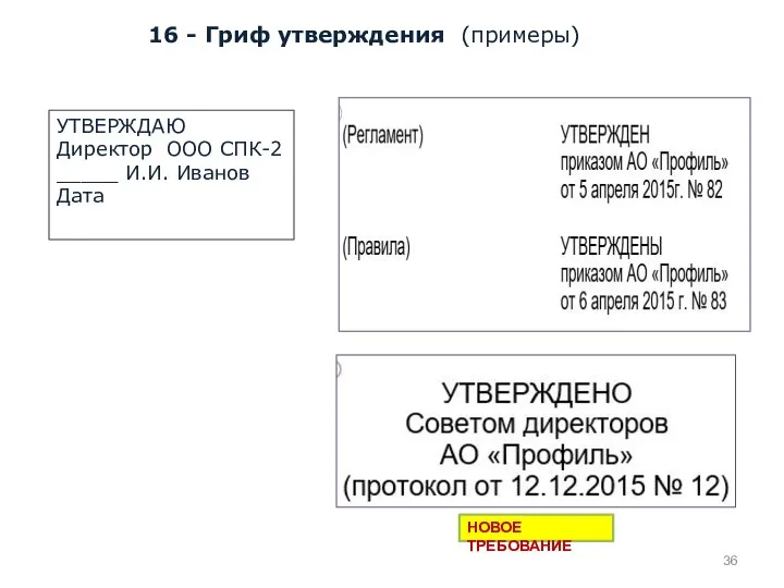 16 - Гриф утверждения (примеры) НОВОЕ ТРЕБОВАНИЕ УТВЕРЖДАЮ Директор ООО СПК-2 _____ И.И. Иванов Дата